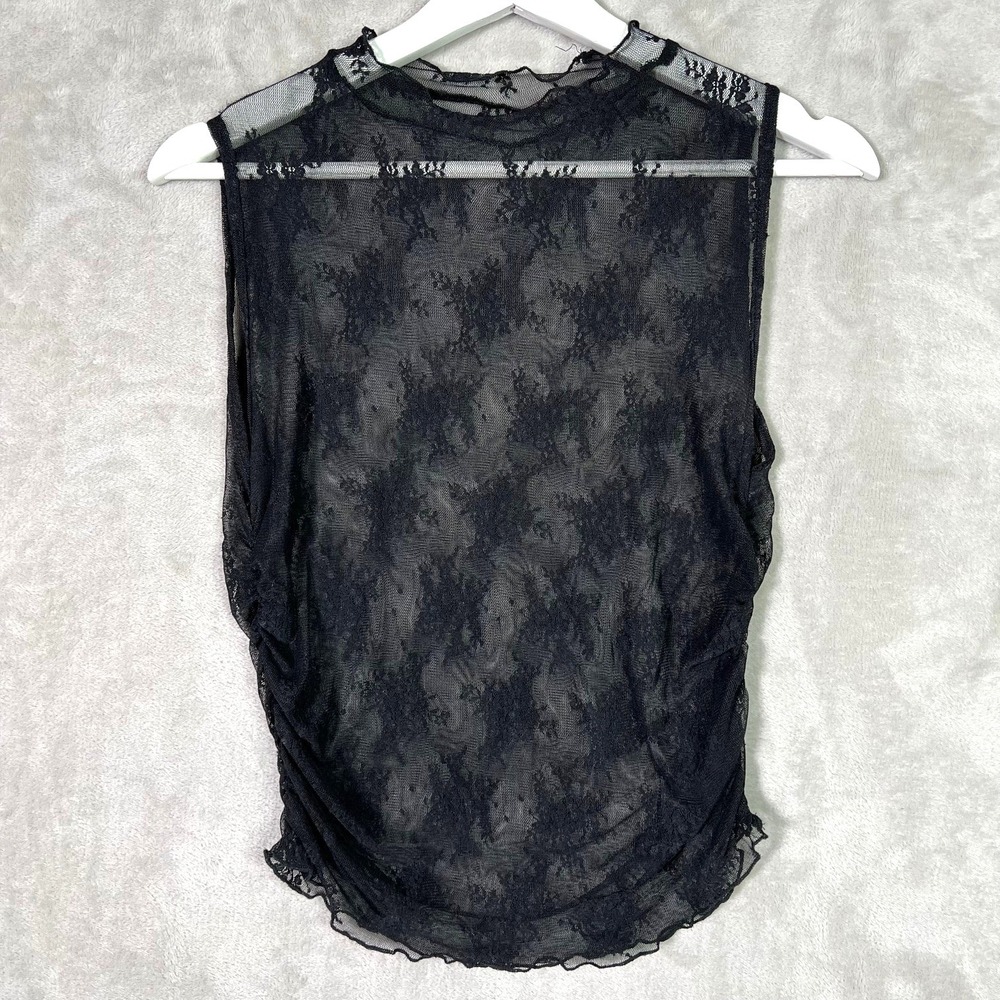 Black Sheer Lace Mesh Ruched Muscle Tank Top‎ S Goth Fairy Grunge Festival Club